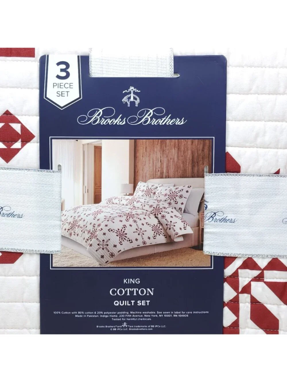Brooks Brothers 3-Piece King Cotton Quilt Set 2 Shams Red & White Snowflakes
